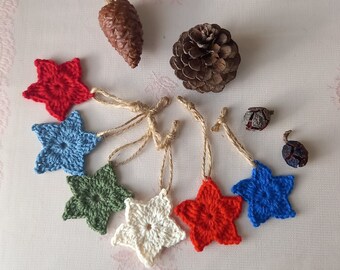 Handmade Crochet Star Ornaments - Set of 6 Cotton Christmas Decorations