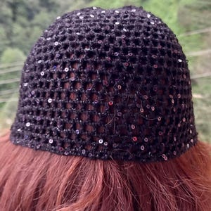 Crochet Skull Cap Hat,Party Skull Cap with Sparkly Sequins,Crochet Mesh Skull Cap,Party Skull Hat,ABBA Style Hat,Knit Granny Beanie,Abba Hat