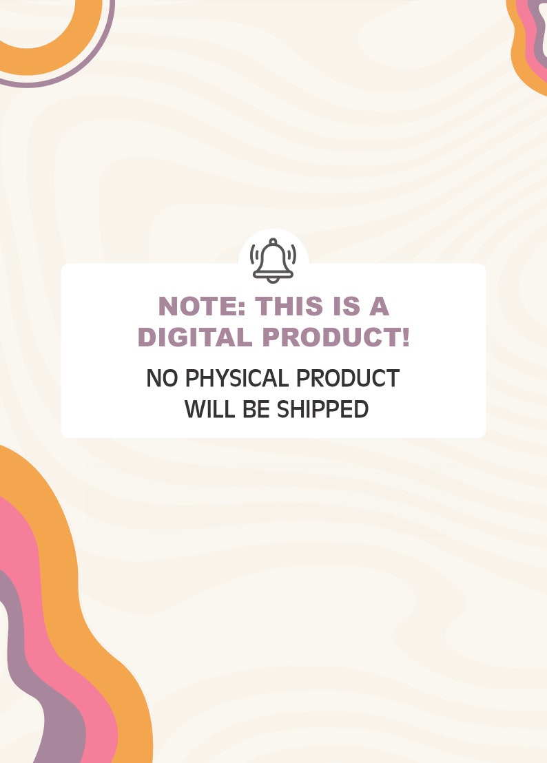 Puede incluir: Una notificaci&oacute;n de producto digital con un icono de campana y el texto "NOTA: &iexcl;ESTE ES UN PRODUCTO DIGITAL! NO SE ENVIAR&Aacute; NING&Uacute;N PRODUCTO F&Iacute;SICO". El fondo es beige claro con un patr&oacute;n ondulado.