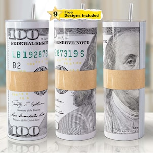 Diseño PNG sin costuras para vaso con banda enrollable para billetes de 100 dólares, diseño de sublimación, archivo de descarga digital.