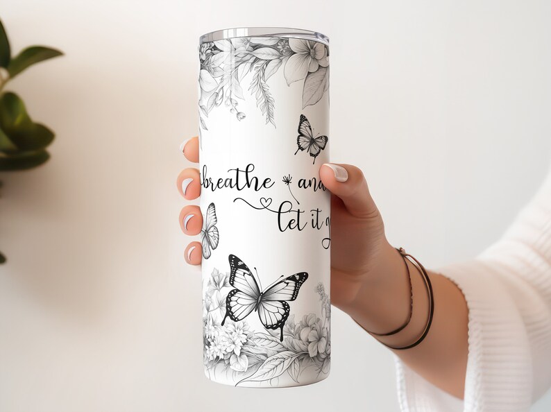 Just Breathe Black and White Butterfly Tumbler Wrap Png