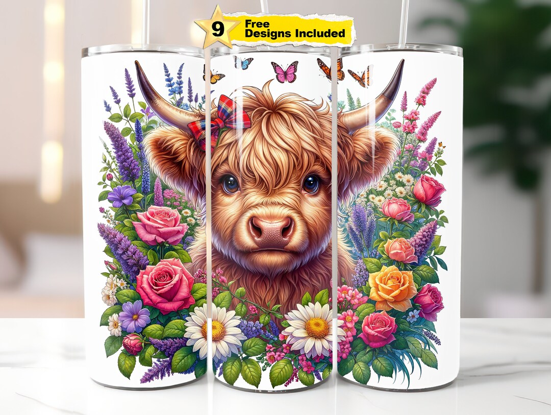 Floral Highland Cow Tumbler Wrap: 20oz Skinny Sublimation Design (PNG ...