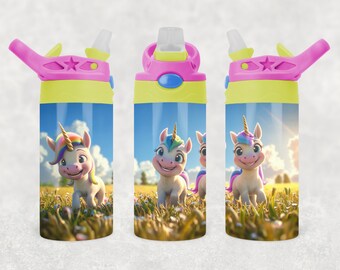 キラキラ輝くユニコーン柄タンブラーラップ：12オンス（約355ml）ストロー付きカップ用昇華プリントデザイン（PNG形式）