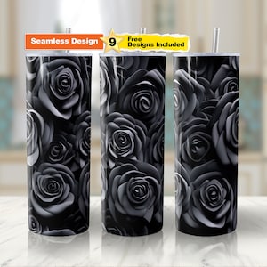 3D Black Roses Tumbler Wrap Seamless 20 oz Skinny Tumbler Sublimation Design Tumblerwrap Instant Digital Download File