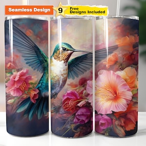 Hummingbird Floral 20 oz Skinny Tumbler Wrap Seamless Design Png Sublimation Digital Download File