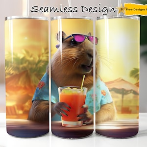 Capybara Drinking Cocktail Tumbler Wrap | 20oz Skinny Tumbler Sublimation Design,Funny Tumbler, Animal Tumbler Wrap, PNG Digital Download