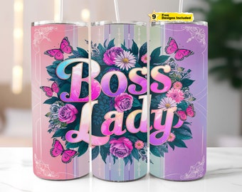 May include: Three stainless steel tumblers with a pink, purple, and blue floral design. The tumblers feature the text "Boss Lady" in a retro font.