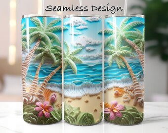 3D Tropical Beach Tumbler Wrap: Nahtlose PNG Sublimation (Digitaler Download)