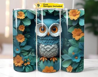 May include: A set of three stainless steel tumblers with a wraparound design featuring a blue owl with orange eyes, surrounded by orange and blue flowers and green leaves. The tumblers include a straw and the text "9 Free Designs Included".