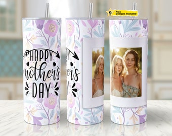 Envoltorio floral para vaso del Día de la Madre: Añadir foto, vaso delgado de 20 oz (archivo PNG)