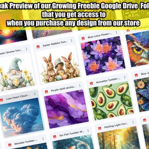 Puede incluir: Un collage de ilustraciones digitales con varios dise&ntilde;os, incluyendo un gnomo, conejos, flores, aguacates, un arrendajo azul, una nube en forma de coraz&oacute;n, un pez koi, una escena de bosque y un oso. El texto "Sneak Preview of our Growing Freebie Google Drive Folder that you get access to when you purchase any design from our store" se muestra en la parte superior de la imagen.