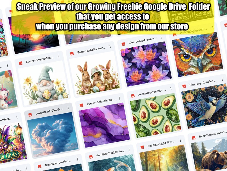 Puede incluir: Un collage de ilustraciones digitales con varios dise&ntilde;os, incluyendo un gnomo, conejos, flores, aguacates, un arrendajo azul, una nube en forma de coraz&oacute;n, un pez koi, una escena de bosque y un oso. El texto "Sneak Preview of our Growing Freebie Google Drive Folder that you get access to when you purchase any design from our store" se muestra en la parte superior de la imagen.