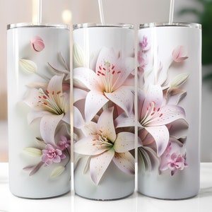3D Pink White Lilies Flowers Tumbler Wrap for 20 oz Skinny Tumbler Straight & Tapered Tumbler Wrap PNG Instant Download Png File