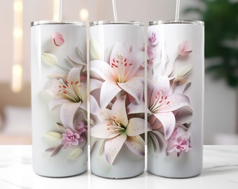 3D-verpakking roze lelies beker: 20 oz mager bekerontwerp (digitale png-download)