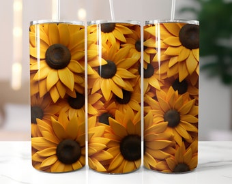 3D Sunflowers 20 oz Skinny Tumbler Sublimation Design, Straight And Tapered Tumbler Wrap, Instant Digital Download PNG