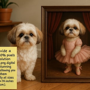 May include: A digital painting of a small dog wearing a pink tutu and standing on a stage. The dog is in a framed portrait with a red curtain backdrop. The image is a high-resolution 300 DPI file, suitable for printing up to 20 x 14 inches.