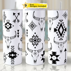 Aztec Tumbler Wrap PNG: Western Bull Skull Design (Digital Download)