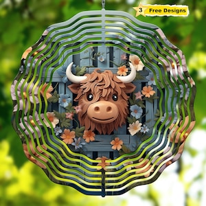 Cute 3D Highland Cow Sublimation Wind Spinner Png Design PNG Highland 10inch Cow Sublimation Design For Wind Spinners Digital Download