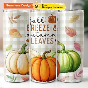 Fall 20oz Tumbler Wrap Beige | Orange White & Green Pumpkins 20oz Skinny Tumbler Sublimation Design | PNG Instant Digital Download