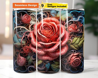 Envoltorio para vaso con diseño de rosas en 3D: Diseño floral por sublimación (descarga digital PNG)