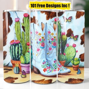 Western Cowgirl Boots Tumbler Wrap 20 oz Skinny Tumbler Sublimation Seamless Design Wrap Cactus & Flowers Png Digital Download