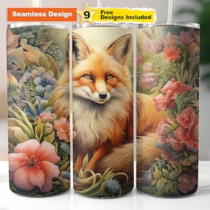 Fox Floral Tumbler Wrap 20 OZ Skinny Tumbler Sublimation Design Templates Cute Fox Tumbler Straight Png Digital File.