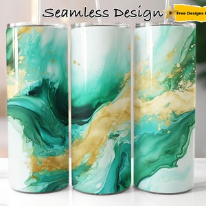 Diseños de vaso de sublimación verde, blanco y dorado de 20 oz, esmeralda colorida, envoltura de vaso sin costuras, envoltura de vaso flaco recto PNG