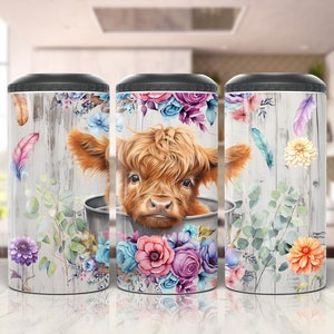 Baby Highland Cow Can Cooler Wrap / Boho Flower Tumbler Wrap / / 4 in 1 Can Cooler Sublimation Designs / Can Cooler Png
