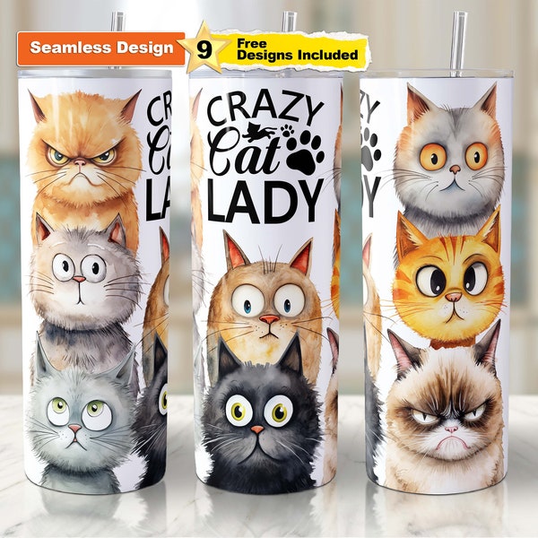 Crazy Cat Lady Tumbler Wrap Lustige Katze Nahtlose Sublimation Design Png 20 OZ Skinny Tumble Wrap Digitaler Download Design