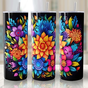 Vibrant Flowers Tumbler Wrap Png Sublimation Design for 20 oz Skinny Tumbler Black Background Seamless Wrap Digital Download File