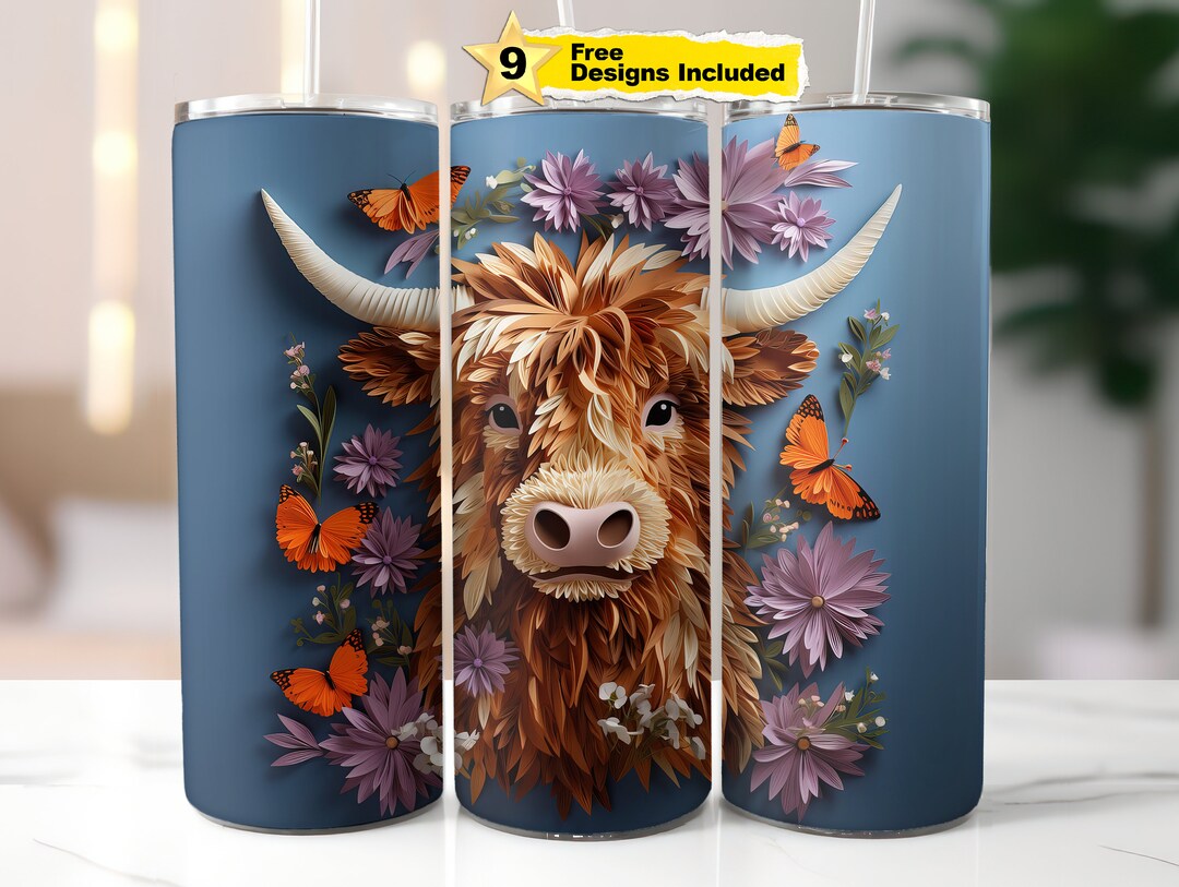 3D Highland Cow Tumbler Wrap: Floral Butterfly Design (digital Download ...