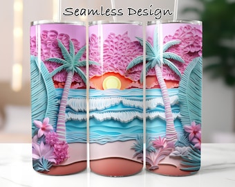 3D Tropischer Sonnenuntergang Tumbler Wrap: Nahtloses PNG Sublimationsdesign (Digitaler Download)