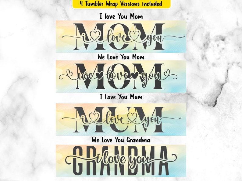 I love you mom, we love you mom, I love you mum, we love you grandmar. 20oz Tumbler Wrap Sublimation Png File. Insert 6 photos into the image. contains 6 transparency frames. Ideal for crafting a mothers day gift or birthday gift.