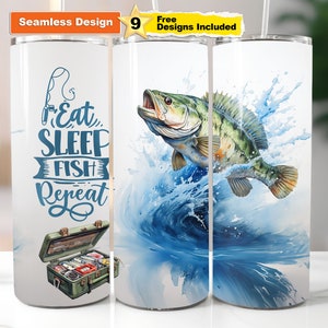Sea Bass Tumbler Wrap Eat Sleep Fish Repeat 20 oz Skinny Tumbler Sublimation Design Fishing Tumbler Wrap Digital Download PNG File