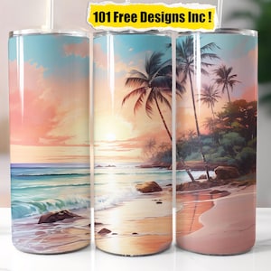 Tropical Beach Painting Pastel Tumbler Wrap for 20 oz Skinny Tumbler  PNG Sublimation Design Sublimation Designs Commercial Use