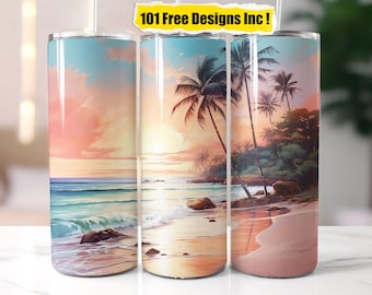 May include: Three stainless steel tumblers with a wraparound design of a tropical beach scene at sunset. The design features palm trees, ocean waves, and a colorful sky. The text "101 Free Designs Inc !" is at the top.