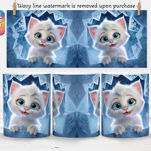 3D Kitten Hole In A Wall Mug Wrap Snow Mug Wrap Sublimation Design 3D Cute Cat Mug Press Design PNG 11oz and 15oz Coffee Cup Template