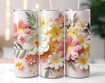 Floral Tumbler Sublimation Design: 3D Pink & White Flowers (Digital Download)