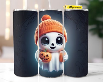 May include: A white ghost with an orange and white hat holding a pumpkin and a cup of orange juice. The ghost is on a black background with a design of branches.