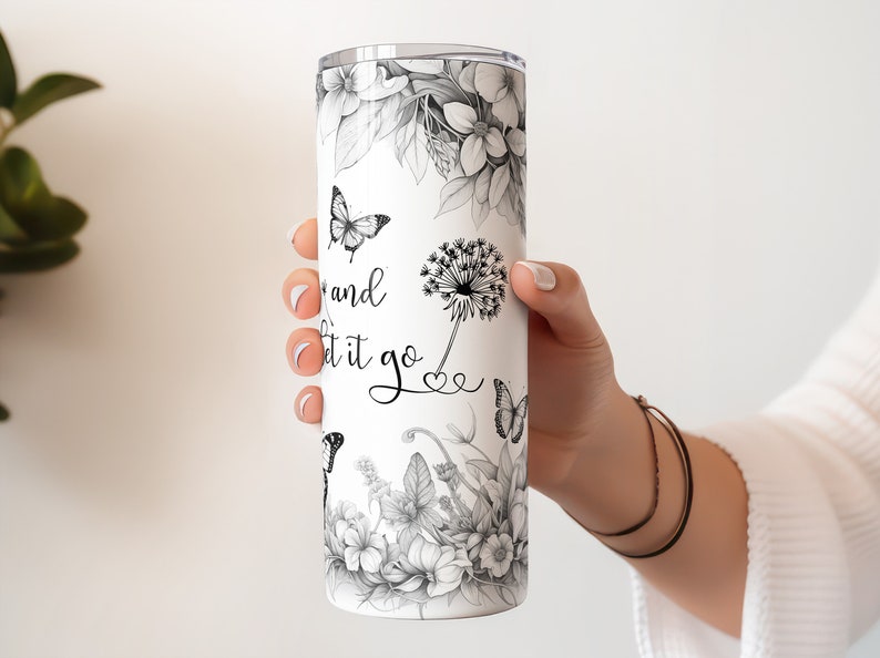 Just Breathe Black and White Butterfly Tumbler Wrap Png