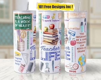 May include: Three white tumblers with different designs related to teaching. The first tumbler has a blue and white design with the text "TEACHING IS A WORK OF HEART" and "ENCOURAGING". The second tumbler has a blue and white design with the text "Teacher LIFE" and "I spark futures". The third tumbler has a blue and white design with the text "SUPPORTIVE GUIDE" and "THE INFLUENCE OF A GOOD TEACHER CAN NEVER BE ERASED".