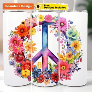 Floral Peace Sign Tumbler Wrap Png Hippie 20 oz Skinny Tumbler Sublimation Seamless Design Digital Download File.