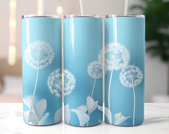 Diseño de sublimación 3D de flores de diente de león para vaso: envoltura recta y cónica (descarga digital PNG)