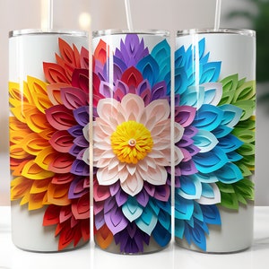3D vibrant Rainbow Flower 20 oz Skinny Tumbler Sublimation Design, Straight And Tapered Tumbler Wrap, Instant Digital Download PNG