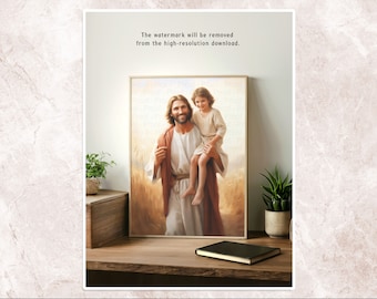 May include: A painting of a man with long brown hair and a beard carrying a young child on his shoulders. The man is wearing a long brown robe and the child is wearing a white robe. The painting is set against a background of a field of wheat.