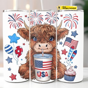 4th Of July Highland Cow 20 oz Skinny Tumbler Sublimation Design Highland Cow Tumbler Wrap, Patriotic Usa Tumbler Wrap Seamless Design File