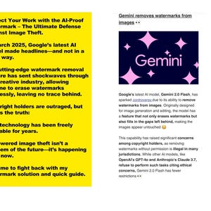 Puede incluir: Un cuadro de texto amarillo y negro con el texto "Proteja su trabajo con la marca de agua a prueba de IA: la defensa definitiva contra el robo de imágenes."  El cuadro de texto está al lado de un cuadro de texto azul y negro con el texto "Gemini elimina las marcas de agua de las imágenes."  El cuadro de texto azul y negro contiene una imagen rosa y negra de la palabra "Gemini" con estrellas alrededor.