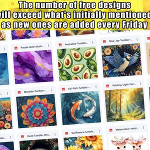 Pu&ograve; includere: Uno screenshot di un'app mobile che mostra una variet&agrave; di design per bicchieri personalizzabili. I design includono una nuvola a forma di cuore, un mandala, un pesce koi, un ghiandaia azzurra, un orso, un girasole e altro ancora. Il testo sullo schermo recita "Il numero di design gratuiti superer&agrave; quello inizialmente menzionato, poich&eacute; nuovi design vengono aggiunti ogni venerd&igrave;."