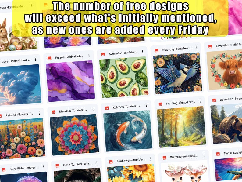 Pu&ograve; includere: Uno screenshot di un'app mobile che mostra una variet&agrave; di design per bicchieri personalizzabili. I design includono una nuvola a forma di cuore, un mandala, un pesce koi, un ghiandaia azzurra, un orso, un girasole e altro ancora. Il testo sullo schermo recita "Il numero di design gratuiti superer&agrave; quello inizialmente menzionato, poich&eacute; nuovi design vengono aggiunti ogni venerd&igrave;."