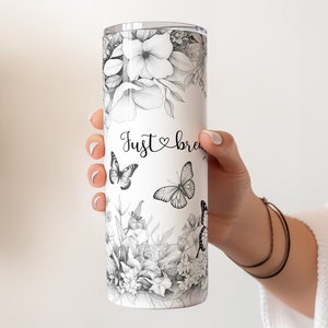 Just Breathe Black and White Butterfly Tumbler Wrap Png